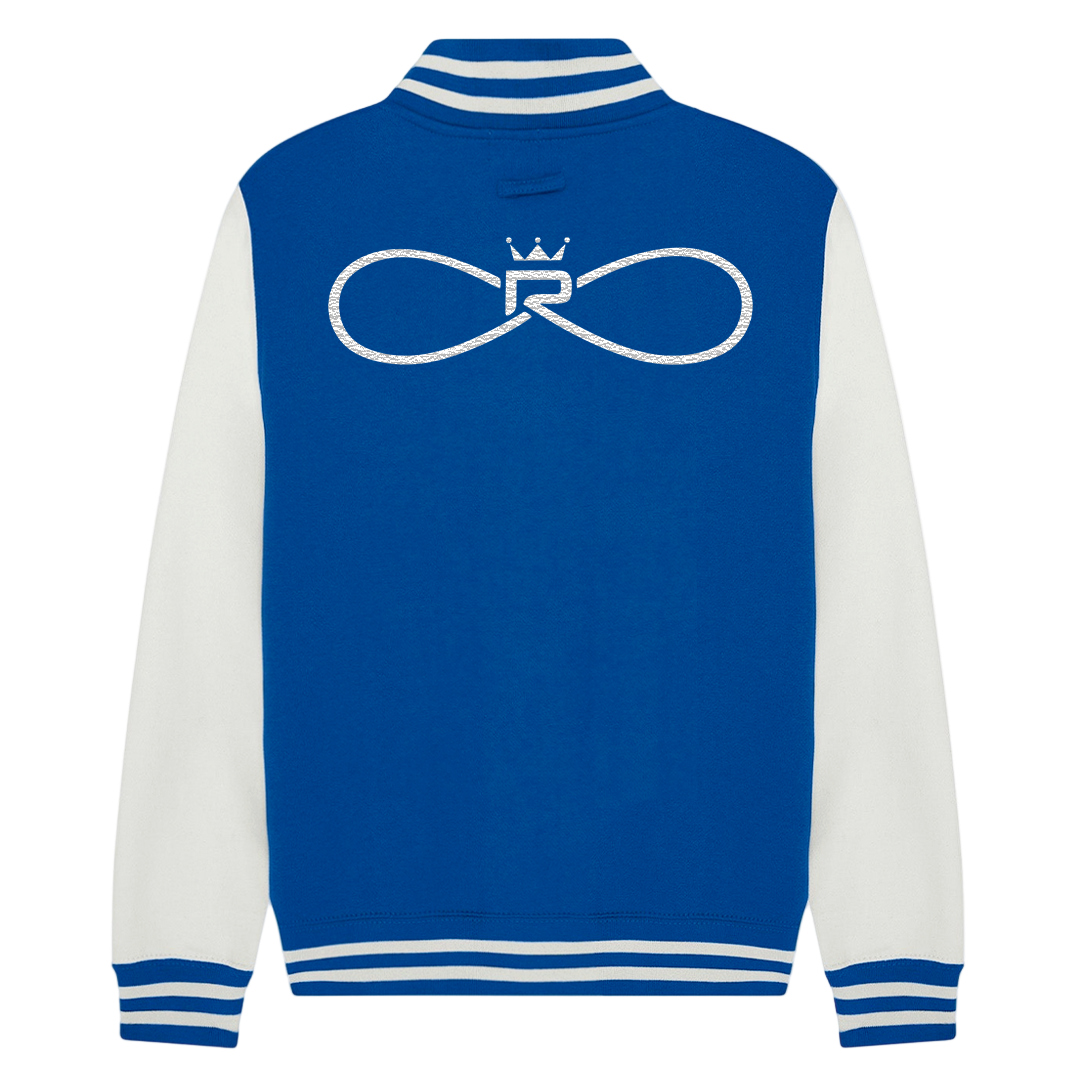 Blue and white varsity jacket with a logo on the back against a white background